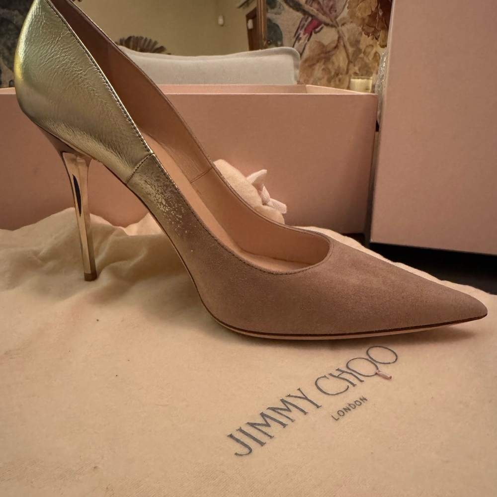 Jimmy Choo Abel 100 Nude/Champagne Suede Mirror Heel Pumps – Size 40 – NWOT